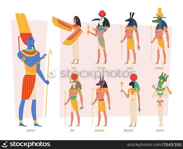 Ancient egypt gods. Pharaoh anubis osiris egyptian people vector authentic exact characters. Religious people, africa famous egypt goddess illustration. Ancient egypt gods. Pharaoh anubis osiris egyptian people vector authentic exact characters
