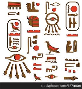 Ancient Egypt hieroglyphs cartoon vector collection. Egyptian culture symbols, pharaoh, sacred bird falcon and eye of Horus or Ra, wadjet isolated on a white background. Ancient Egypt papyrus scroll cartoon vector
