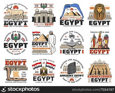 Ancient Egypt icons of Egyptian travel vector design. Pharaoh pyramids, Sphinx and Giza temples, Amun, Isis and Thoth gods with eye of Horus and Ankh, map, flag and heraldic eagle, scarab and bull. Ancient Egypt pyramid, god, map and flag icons