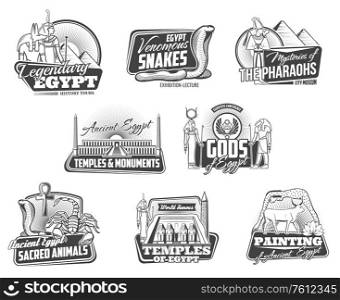 Ancient Egypt isolated vector icons set. Pharaoh pyramids, temples, Egyptian gods and sacred animals snakes scorpio, monuments and Cairo treasures exhibition, paintings museum monochrome travel signs. Ancient Egypt isolated vector icons