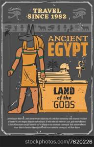 Ancient Egypt landmarks and historic sightseeings travel tour poster. Vector Egyptian culture and history museum trip, Anubis god with Sphinx in Giza, Cairo pharaoh land symbols and animal deity signs. Egypt ancient landmark tavel, historic museum