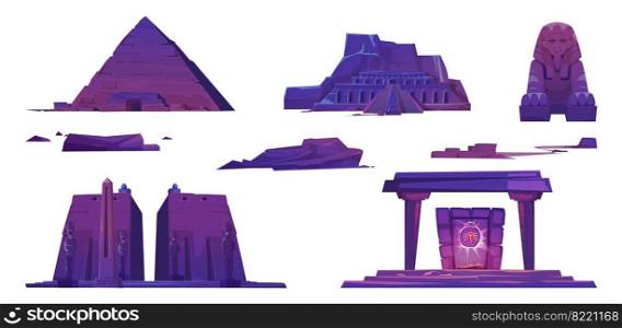 Ancient Egypt landmarks, pyramids, pharaoh temples, sphinx and mystic portal with scarab sign. Vector cartoon set of egyptian historical buildings, sculptures and stones isolated on white background. Ancient Egypt pyramids, pharaoh temples, sphinx