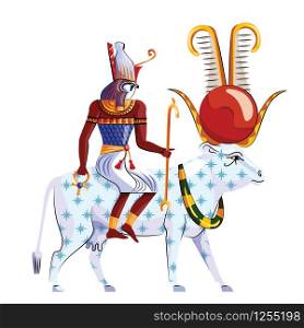 Ancient Egypt legend cartoon vector. Egyptian culture religious symbol, Ra sits on back of star-covered cow, goddess Nut, isolated on white background. Ancient Egypt legend about god Ra and goddess Nut