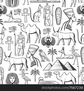 Ancient Egypt monochrome seamless pattern. Vector Egyptian culture, travel, history and religion signs, gods and deities. Nefertiti and Ra, mummy and Sphinx, pharaoh, Anubis and pyramids, Horus eye. Egypt travel and religion seamless pattern