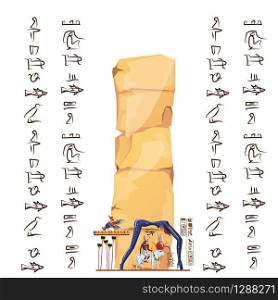 Ancient Egypt papyrus or stone cartoon vector with hieroglyphs and Egyptian culture religious symbols, Ra sits on cow back, over it in form of night sky goddess Nut, Ra leaving for sky legend. Ancient Egypt papyrus or stone illustration
