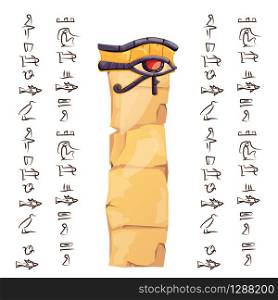 Ancient Egypt papyrus or stone column with sacred eye of Horus cartoon vector illustration. Egyptian culture symbol, blank unfolded ancient paper with hieroglyphs, graphical user interface for game. Ancient Egypt papyrus or stone column with eye