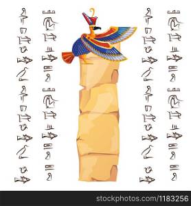 Ancient Egypt papyrus part or or stone column with sacred bird figure cartoon vector illustration. Egyptian culture symbol, blank unfolded ancient paper with falcon and hieroglyphs, isolated on white. Ancient Egypt papyrus part or or stone column