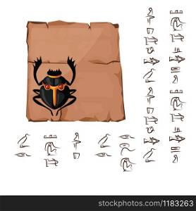 Ancient Egypt papyrus part or or stone column with sacred scarab beetle cartoon vector illustration. Egyptian culture symbol, blank unfolded ancient paper with ibis and hieroglyphs, isolated on white. Ancient Egypt papyrus part or or stone column