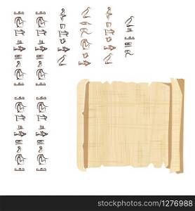 Ancient Egypt papyrus scroll cartoon vector illustration. Egyptian culture symbol, unfolded blank ancient paper to store information, isolated on white background. Ancient Egypt papyrus scroll with wooden rod