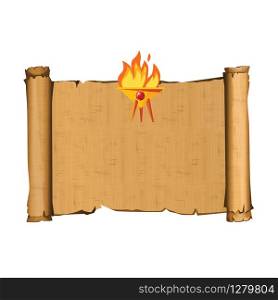 Ancient Egypt papyrus scroll with sacrificial fire icon cartoon vector illustration. Ancient paper with hieroglyphs, storing information, Egyptian culture religious symbol isolated on white background. Ancient Egypt papyrus part cartoon vector