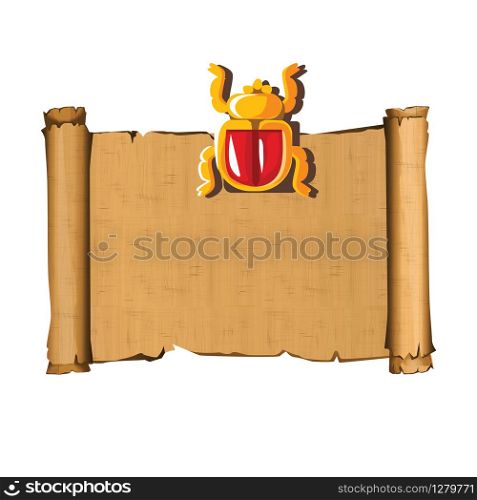 Ancient Egypt papyrus scroll with scarab beetle cartoon vector illustration. Ancient paper with hieroglyphs, storing information, Egyptian culture religious symbol isolated on white background. Ancient Egypt papyrus part cartoon vector