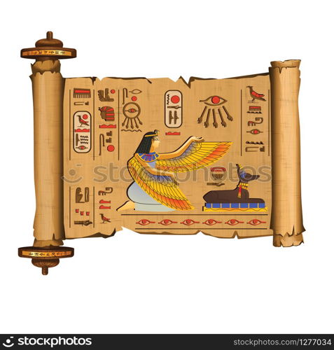 Ancient Egypt papyrus scroll with wooden rod cartoon vector with hieroglyphs and Egyptian culture religious symbols, ancient gods Isis and Anubis, isolated on white background. Ancient Egypt papyrus scroll with wooden rods