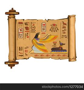 Ancient Egypt papyrus scroll with wooden rod cartoon vector with hieroglyphs and Egyptian culture religious symbols, ancient gods Isis and Anubis, isolated on white background. Ancient Egypt papyrus scroll with wooden rods