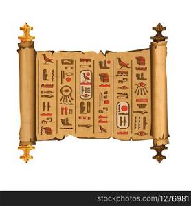 Ancient Egypt papyrus scroll with wooden rods cartoon vector. Ancient paper with hieroglyphs and Egyptian culture religious symbols, ancient gods, sacred bird, isolated manuscript on white background. Ancient Egypt papyrus scroll cartoon vector