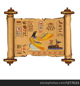 Ancient Egypt papyrus scroll with wooden rods cartoon vector with hieroglyphs and Egyptian culture religious symbols, ancient gods Isis and Anubis, isolated on white background. Ancient Egypt papyrus scroll with wooden rods