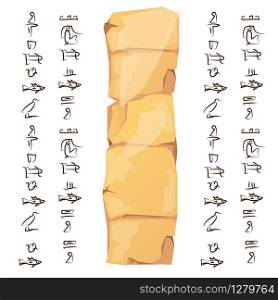 Ancient Egypt papyrus, stone pillar or clay plate cartoon vector illustration. Ancient paper for storing information, Egyptian hieroglyphs or symbols, graphical user interface for game design. Ancient Egypt papyrus and clay plate cartoon