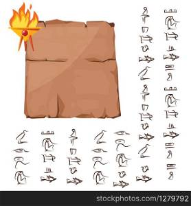 Ancient Egypt papyrus with sacrificial fire icon cartoon vector illustration. Ancient paper with hieroglyphs, storing information, Egyptian culture religious symbol isolated on white background. Ancient Egypt papyrus part cartoon vector