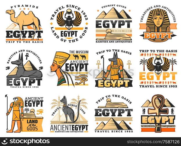 Ancient Egypt pharaoh pyramids and gods vector design of Egyptian travel icons. Great pyramids of Giza, Sphinx and ankh symbol, Anubis, Horus and scarab, eye of Horus, Tutankhamun and Nefertiti. Pharaoh pyramids, Sphinx, Anubis and ankh symbol