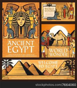 Ancient Egypt posters, vector Great pyramids of Giza, Sphinx and Egyptian deities gods Anubis, Amun and Hathor with Thoth, goddess Ausar near Abu Simbel temple in desert with camel cartoon banner. Ancient Egypt posters vector Great pyramid of Giza
