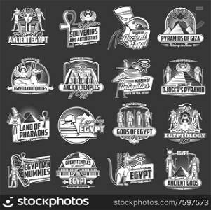 Ancient Egypt pyramid and temple vector icons with Egyptian travel landmarks. Sphinx, pharaoh Tutankhamun mask and mummy, cat, dog and Anubis god, eye of Horus and ankh symbols, scarab and hieroglyphs. Egypt pyramid, pharaoh temple, ancient god icons