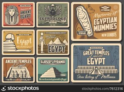 Ancient Egypt retro vector posters. Cairo pyramids travel, Egyptian mummies, Pharaoh mysteries. Egyptology exhibition and museum, god temples and monuments, vintage Egypt landmarks and sightseeing. Egypt travel, pharaoh pyramid, mummy and sphinx