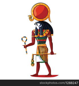 Ancient Egypt sun god Ra cartoon vector isolated on white background. Egyptian culture religious symbol, great god with human figure and falcon head in solar disk and snake headdress. Ancient Egypt sun god Ra cartoon illustration