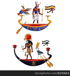 Ancient Egypt sun god Ra or Horus cartoon vector illustration. Egyptian culture religious symbols, ancient god-falcon in night and day boats, sacred birds, isolated on white background. Ancient Egypt sun god Ra or Horus cartoon vector