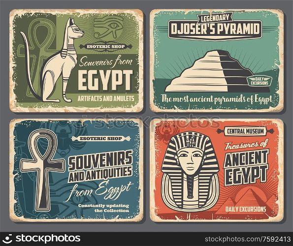 Ancient Egypt symbols, travel tourism, esoteric souvenirs and historic antiquities shop retro vintage posters. Vector Pharaoh pyramid in Cairo or Giza, sacred cat and scarab, mummy and Ankh sign. Ancient Egypt souvenirs shop, Egypt tourism travel