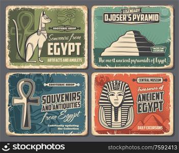 Ancient Egypt symbols, travel tourism, esoteric souvenirs and historic antiquities shop retro vintage posters. Vector Pharaoh pyramid in Cairo or Giza, sacred cat and scarab, mummy and Ankh sign. Ancient Egypt souvenirs shop, Egypt tourism travel