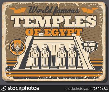 Ancient Egypt temples, Pharaoh pyramids and historic monuments landmark tours vintage poster. Vector Cairo antique city and Egyptian sightseeing travel trips to Tutankhamen Pyramids in Giza. World famous Ancient Egypt temples and pyramids