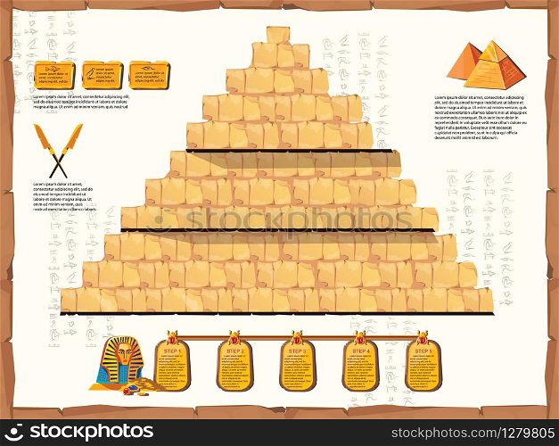 Ancient Egypt time line vector cartoon infographics. Cross section pyramid interior with walls of stone or sand blocks. Pharaoh empty tomb, graphic user interface for game design. Ancient Egypt time line vector cartoon infographic