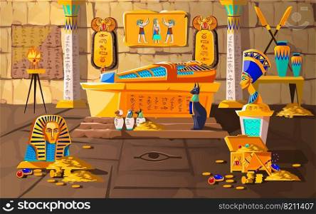 Ancient Egypt tomb of pharaoh cartoons vector illustration. Egyptian pyramid interior with golden sarcophagus, hieroglyphs and mural, scarab beetles, ritual vases and other religious symbols, treasure. Ancient Egypt tomb of pharaoh cartoons vector