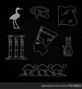 Ancient Egypt travel and art chalk icons with profile of queen Nefertiti, cat goddess and sacred heron Bennu, eye of horus symbol, temple columns and country map, caravan of camels and Giza pyramids. Ancient Egypt travel and art icons