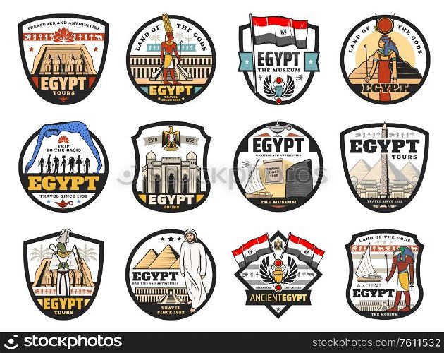 Ancient Egypt travel and religion, culture and landmarks vector icons. Egyptian Cairo and Giza tours to pharaoh pyramids, Egyptology antiquities and mummy museum, temples and gods, mosque and flag. Egypt travel, culture and religious icons