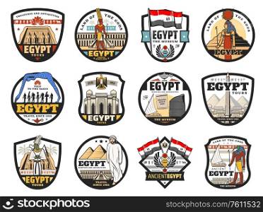 Ancient Egypt travel and religion, culture and landmarks vector icons. Egyptian Cairo and Giza tours to pharaoh pyramids, Egyptology antiquities and mummy museum, temples and gods, mosque and flag. Egypt travel, culture and religious icons