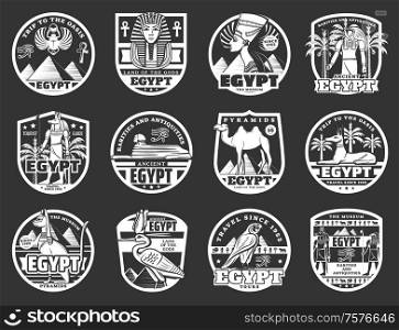Ancient Egypt, travel and religion vector icons. Egyptian pharaoh pyramids, Sphinx and cat, Anubis and Horus gods, ankh cross and horus eye, Tutankhamun mask, Nefertiti and dog, palms, camel, heron. Ancient Egyptian pharaoh, gods and travel icons