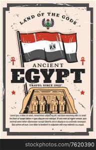 Ancient Egypt travel company vintage poster, Egyptian historic sightseeing and landmark tours. Vector Egypt flag and coat of arms crest, Pharaoh pyramid and ancient signs, culture and history museum. Ancient Egypt, historic landmarks travel tours