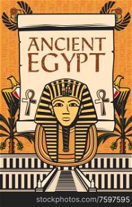 Ancient Egypt travel landmark with pharaoh mummy mask and Tutankhamun tomb vector design. Papyrus scroll with Ankh symbols, scarab amulets, hieroglyphs, heraldic Egyptian eagles and palm trees. Ancient Egyptian travel landmark of Egypt pharaohs