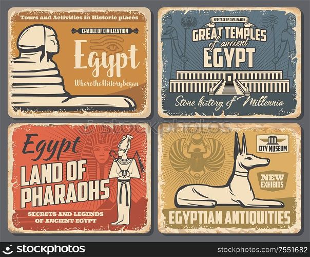 Ancient Egypt travel trips and Cairo landmarks tours retro vintage posters. Vector ancient Egypt pharaoh pyramids, Sphinx and Egyptian god temples sightseeing, antiquity museum and souvenirs shop. Egypt pyramids and Sphinx, Cairo travel landmarks