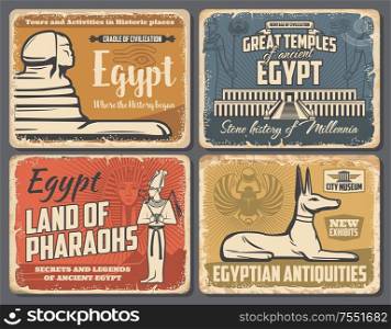 Ancient Egypt travel trips and Cairo landmarks tours retro vintage posters. Vector ancient Egypt pharaoh pyramids, Sphinx and Egyptian god temples sightseeing, antiquity museum and souvenirs shop. Egypt pyramids and Sphinx, Cairo travel landmarks