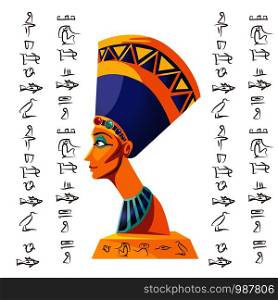 Ancient Egypt vector cartoon illustration. Egyptian culture symbol, statue of Nefertiti with hieroglyphs, isolated on white background. Egyptian culture symbol, statue of Nefertiti