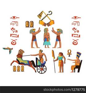 Ancient Egypt wall art or mural element cartoon vector. Monumental painting with hieroglyphs and Egyptian culture symbols, ancient gods, chariot and human figures, isolated on white background. Ancient Egypt wall art or mural cartoon vector