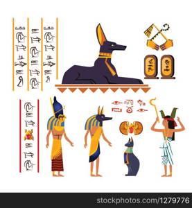 Ancient Egypt wall art or mural element cartoon vector. Monumental painting with hieroglyphs and Egyptian culture symbols, ancient gods and human figure, priest, isolated on white background. Ancient Egypt wall art or mural cartoon vector