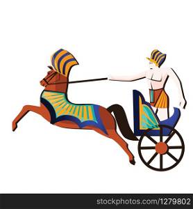 Ancient Egypt wall art or mural element cartoon vector. Monumental painting with Egyptian culture symbols, pharaoh or soldier racing in ancient chariot, isolated on white background. Ancient Egypt wall art or mural cartoon vector