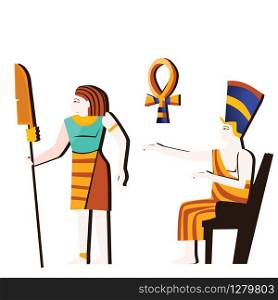 Ancient Egypt wall art or mural element cartoon vector. Ancient monumental painting with Egyptian culture symbols, pharaoh sitting on throne and armed man, isolated on white background. Ancient Egypt wall art or mural cartoon vector