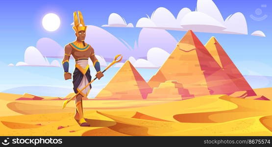 Ancient Egyptian god Amun in desert with pyramids. Vector cartoon illustration of landscape with yellow sand dunes, pharaoh tombs in Egypt and figure of Amon Ra. Ancient Egyptian god Amun in desert with pyramids