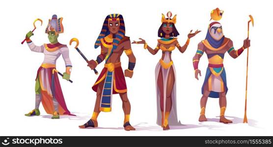 Ancient Egyptian god Amun, Osiris, Pharaoh and Cleopatra. Vector cartoon characters of Egypt mythology, king and queen, god with falcon head, Horus and Amon Ra. Egyptian god Amun, Osiris, Pharaoh and Cleopatra
