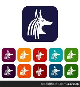 Ancient egyptian god Anubis icons set vector illustration in flat style In colors red, blue, green and other. Ancient egyptian god Anubis icons set flat