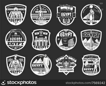 Ancient Egyptian Gods, pyramids and landmark icons. Vector Egyptian travel , history and religion monochrome symbols. Museums, tombs, deities Anubis, Horus, Ra and Anubis, rarities. Egyptian religion, culture, travel icons