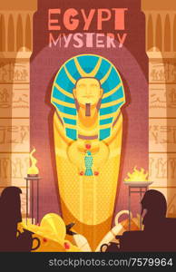 Ancient egyptian mummy mystery exhibit poster with grave goods golden amulets ritual fire deities silhouettes vector illustration